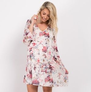 Ivory Floral Printed V-Neck Chiffon Maternity Dres